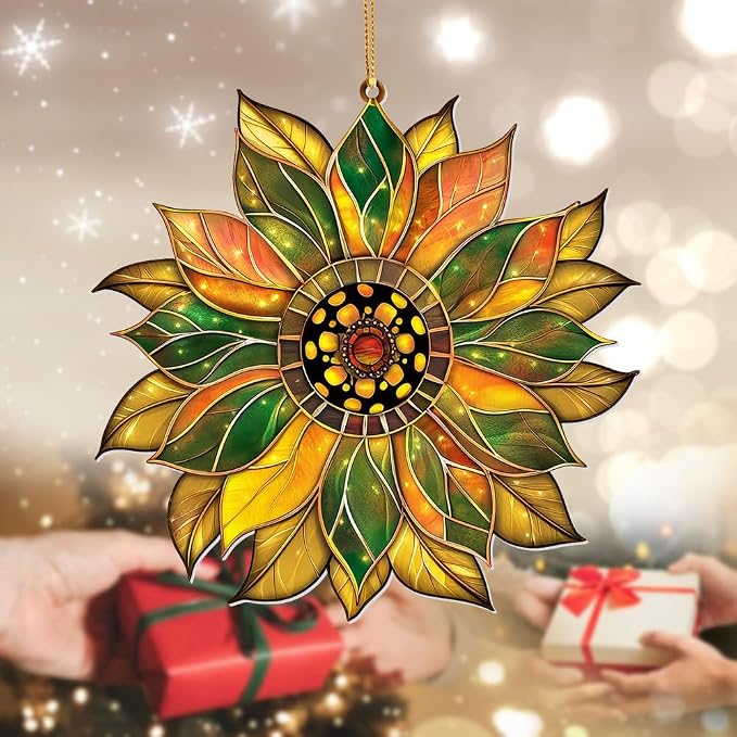 Stained Glass Acrylic Sunflower Ornament – Colorful Glass Sun Catcher for Windows, Christmas Tree Decoration 2025, Hanging Holiday & Everyday Décor Gift(Sun-22)