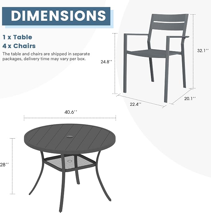 DIFY 5 Piece Outdoor Patio Dining Set for 4, Patio Table and Chairs Set with Umbrella Hole, 40.6" Round Dining Table and Stackable Metal Chairs for Backyard Garden Poolside, Grey