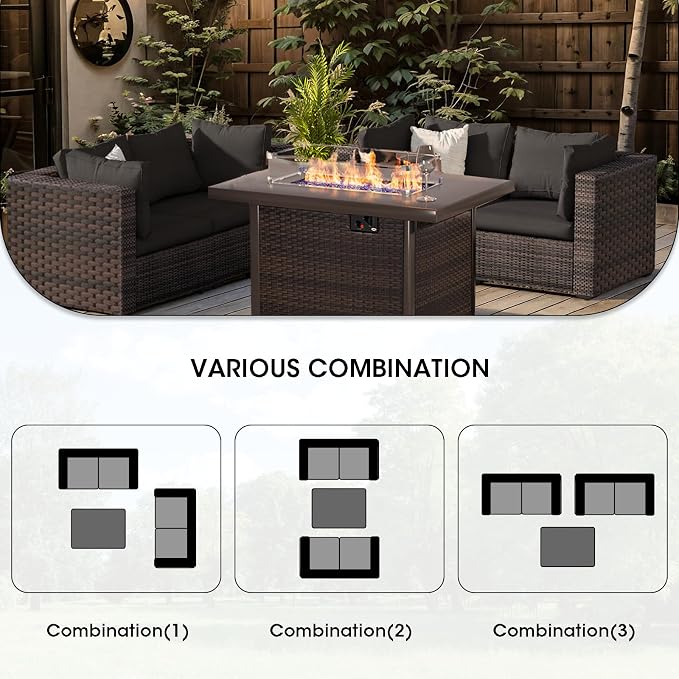 Patio Furniture Set with Fire Pit Table 5 Piece All Weather PE Rattan Outdoor Sectional Sofa Couch with 4 x arm Sofa, No-Slip Cushions for Garden, Poolside, Backyard (Black)