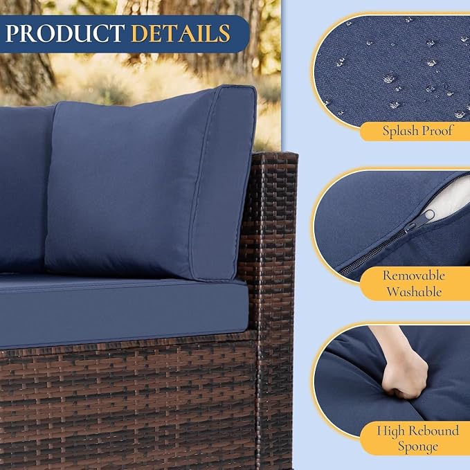 7 Piece Outdoor Patio Furniture Set with Wicker Sectional Couch, Rattan Sofa and Thick Cushions, Patio Conversation Sets with Coffee Table for Garden, Balcony, Backyard Lounge Seating(Blue)