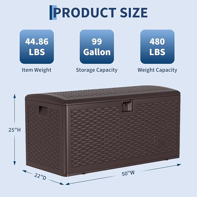 Jojoka Lockable & Weatherproof 73 Gallon Brown Resin Deck Storage Box, Extra Large Outdoor Storage Organizer for Garden Tools, Pool Toys, Patio Furniture Cushions, Woven Strap Design