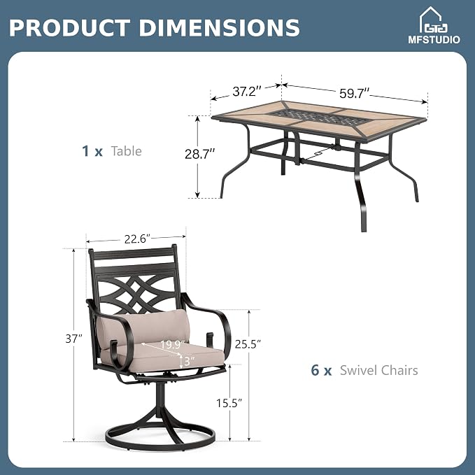 MFSTUDIO 7-Piece Patio Dining Set, 61.5" Metal Table, Swivel Chairs | Umbrella Hole, Seats 6, All-Weather Use