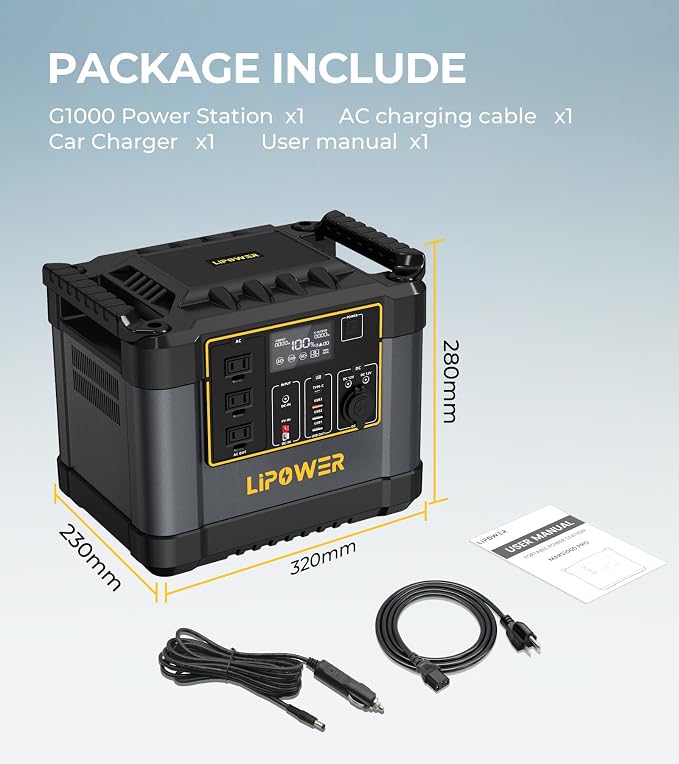 Lipower 1200W Portable Power Station, 1075Wh Solar Powered Generator AC Outlets(2000W Peak) with PD USB Ports, Electric Generator for Camping, Power Supply, Home Use, Emergency, Road Trip