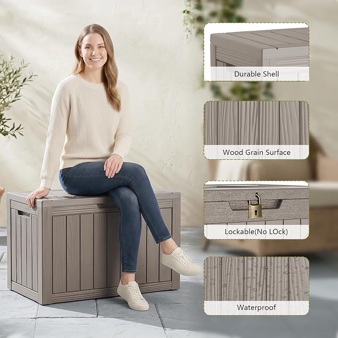 Waterproof Outdoor Storage Box Outside Deck Box Lockable Resin Bench UV Resistant Furniture Cushion Pool Tool Float Bin Patio Garden Porch (Grey, 50 Gallon)