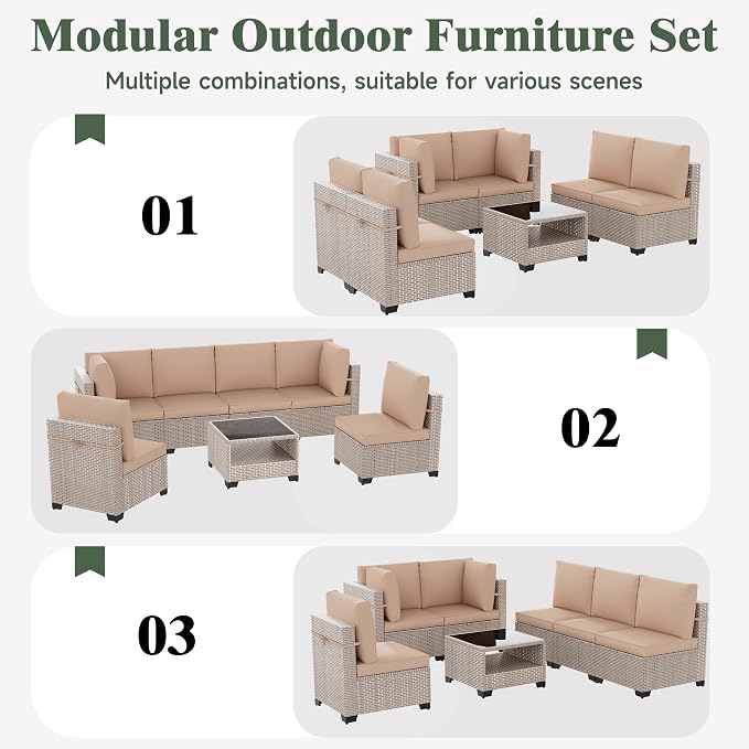 11 Pieces Patio Furniture Set with Fire Pit Table, Outdoor Sectional Wicker Sofa with Thick Cushions, High Back Swivel Rocker Patio Chairs, Rattan Conversation Set with Coffee Table, Khaki