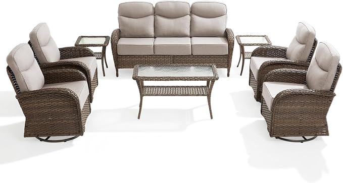 Outdoor Swivel Rocking Chair Patio Set (8pcs), High-Back - Thick Cushion Swivel Rocking Chair Patio Set, All-Weather Wicker Patio Furniture Set, Suitable for Balcony Patios, Brown/Beige