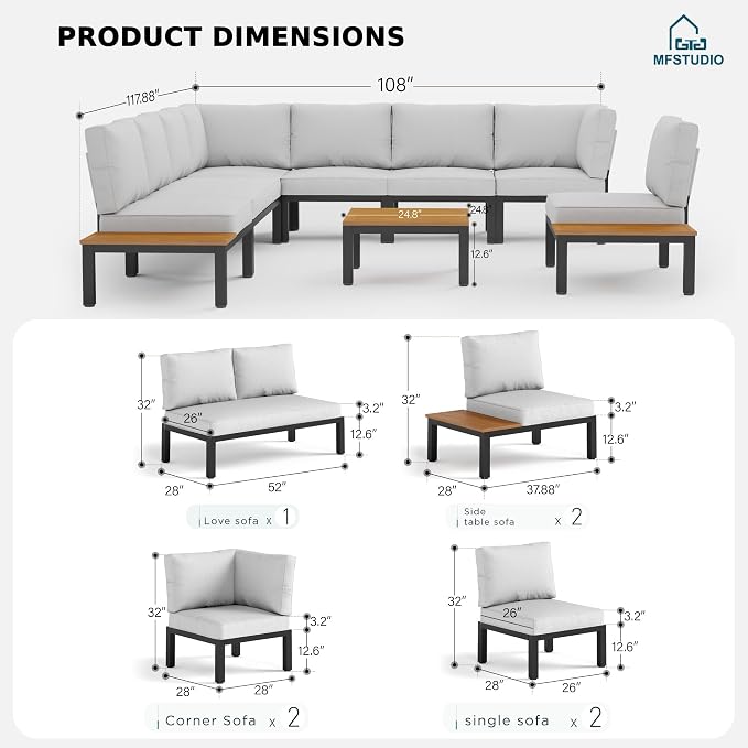 MFSTUDIO Metal Patio Furniture Set,8 Seat Outdoor Sectional Sofa Patio Conversation Set with 1×Coffee Table for Backyard,Garden,Deck