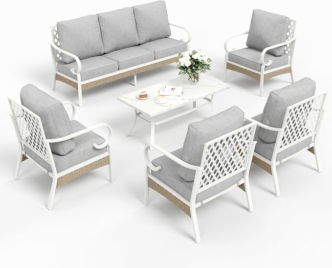 SUNSHINE VALLEY 6 Piece Metal Outdoor Patio Furniture Set, Patio Conversation Sets 1 3-Seater Sofa, 4 Single Sofa with 5.75" Extra Thick Cushion and Coffee Table, White Frame Backyard Furniture, Gray