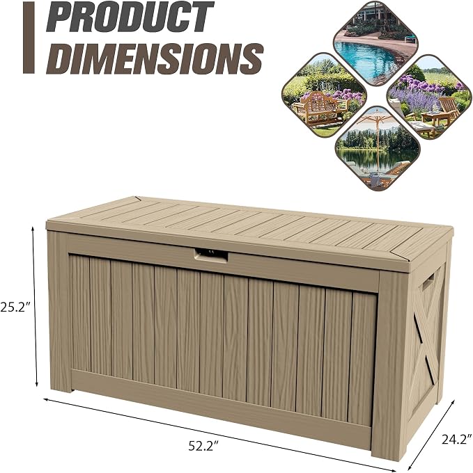 JUMMICO 120 Gallon Resin Deck Box, Large Outdoor Storage Box Waterproof & Lockable for Garden, Patio, Pools (Light Brown)