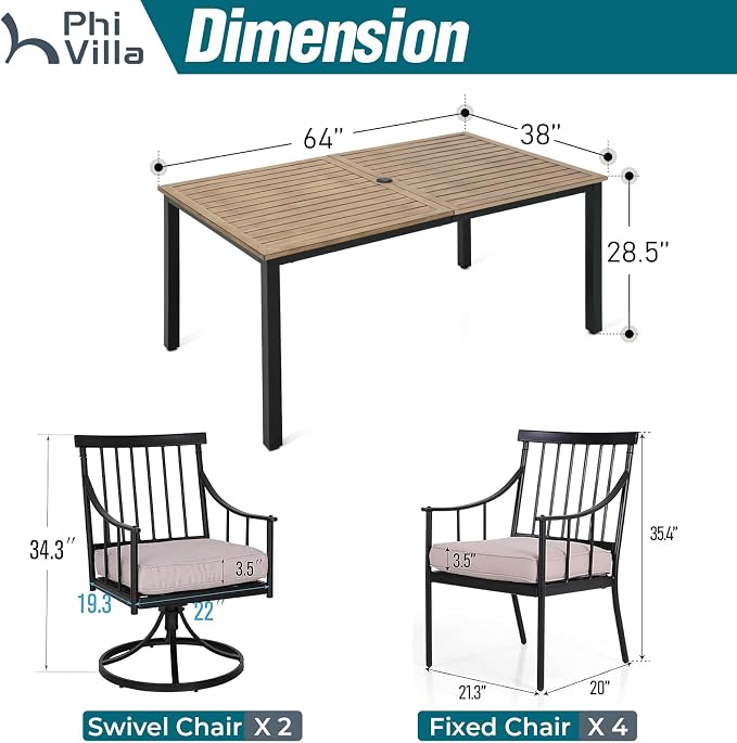 PHI VILLA 7 Piece, Outdoor Dining Set, 65"x39" Table, Umbrella Hole | Metal, Swivel Chairs, Cushions, Weather-Resistant, 360° Swivel, 300 lbs Capacity
