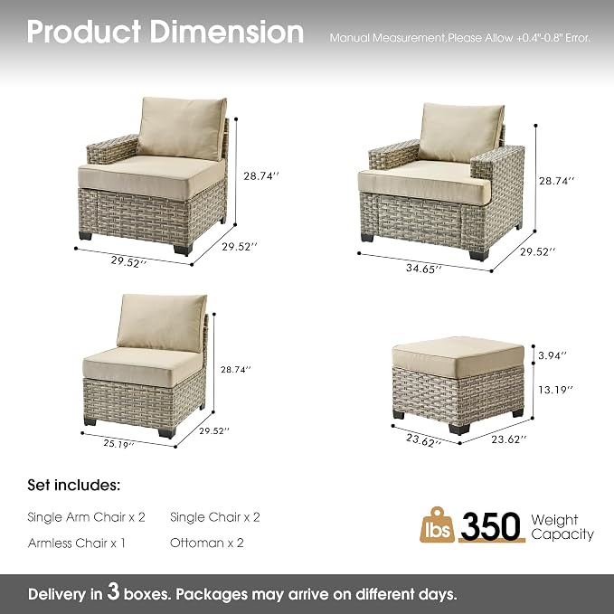 Outdoor Sectional Patio Furniture Set,7 Pieces All Weather Rattan Wicker Conversation Sets,Out Door Furniture with Ottoman Single Chair,Beige