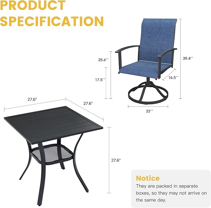 VICLLAX 3 Pieces Small Patio Dining Set-28 Small Outdoor Table and Swivel Patio Chairs Set for Deck, Lawn and Garden, Black Table and Blue Chairs