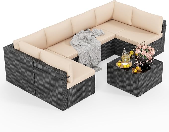 7-Piece Outdoor Sectional Sofa Set, Weather-Resistant Patio Furniture Set with Washable Cushions and Coffee Table, Black Rattan Patio Conversation Set for Poolside, Backyard, Deck (Beige)
