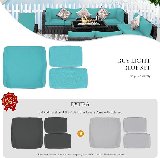 BULEXYARD 9 Pcs Highback Patio Furniture Set with Firepit, High-End Outdoor Sectional Couch with Ottoman 8-Seats, Cozy Comfy Wide Deep Deck Seating Group Conversation, Grey Rattan & Turquoise Cushion