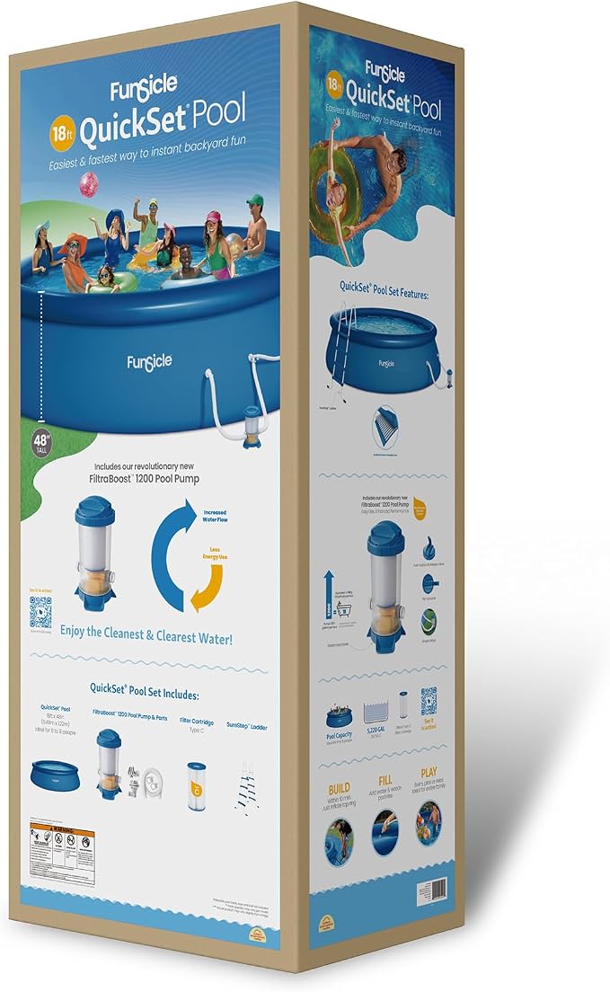 Funsicle Quickset 18' x 48" Round Above Ground Swimming Pool, with FiltraBoost 1200 GPH Filter Pump, Ladder, Type C Filter Cartridge & Repair Patch