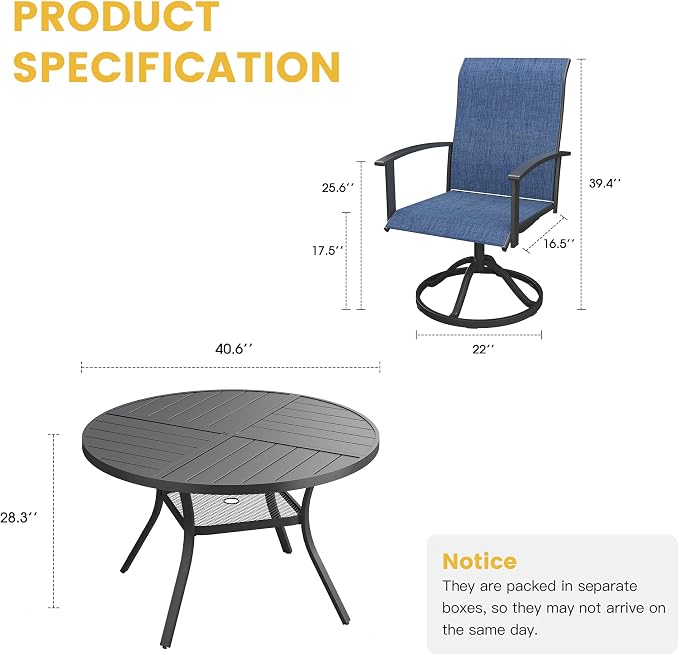 VICLLAX Outdoor Table and Chairs Set of 4, Metal Patio Dining Set-40.7" Round Dining Table and 4 Swivel Chairs for Deck, Lawn and Garden, Black Table and Blue Chairs