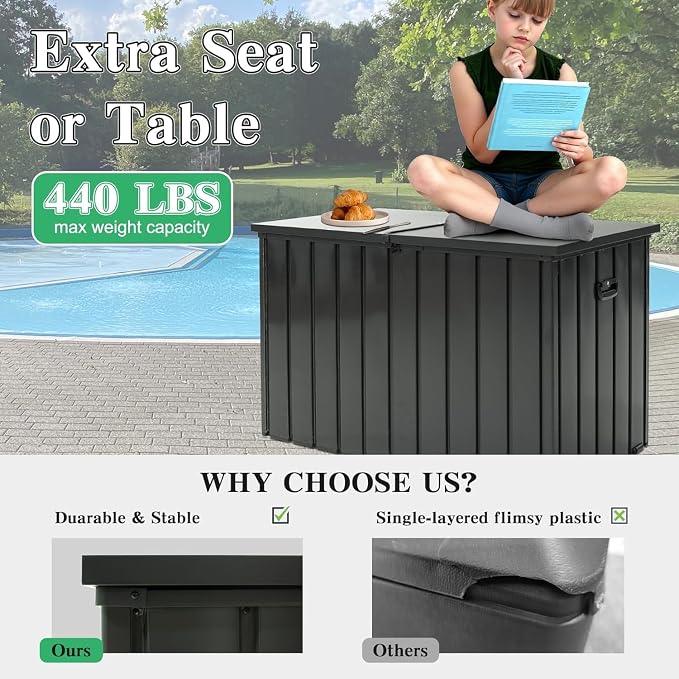 200 Gallon Metal Deck Box, Waterproof Outdoor Storage Box with Lockable Lid, Large Pool Storage Cabinet for Patio Furniture Garden Tools Pool Supplies, Grey
