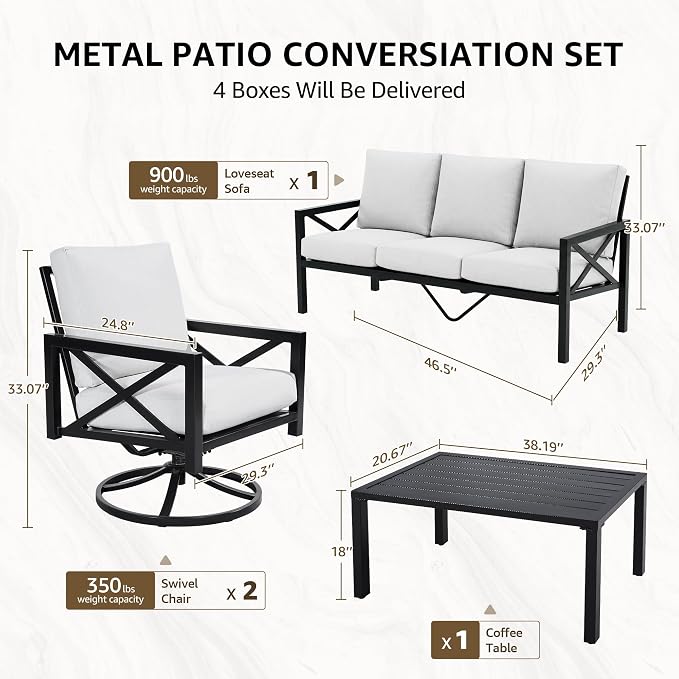 NATURAL EXPRESSIONS 4 Piece Metal Outdoor Patio Furniture Set, Patio Conversation Set with Extra Thick Cushion and Table, Black Frame Backyard Furniture (3 Seater with 2 Swivel Chairs Set)