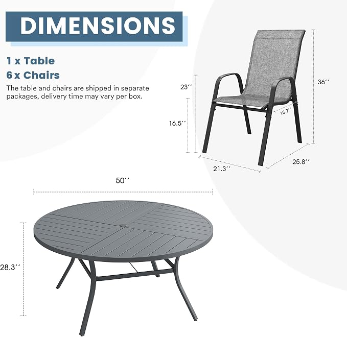 DIFY 7 Piece Outdoor Dining Set, 50" Round Metal Dining Table and Textilene Stackable Patio Chairs, Patio Table and Chairs Set for 6 with Umbrella Hole for Backyard Garden Deck, Grey