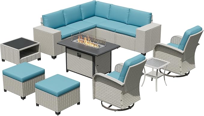 12-Piece Outdoor Patio Furniture Set with Fire Pit, Modular Sectional Sofa Set with Swivel Rocker Chairs & Ottomans, Wicker Outdoor Couch Conversation Sets w/Coffee Table and Cushions, Cyan