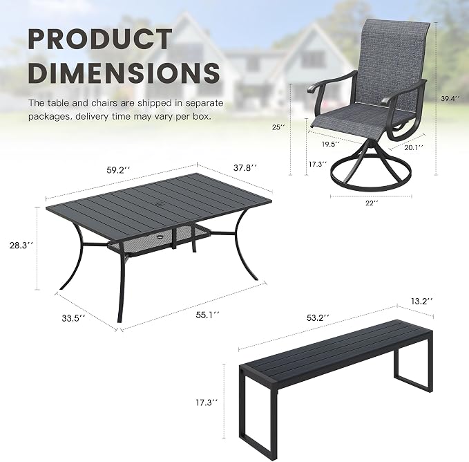 6 Pieces Outdoor Dining Set, Patio Table and Chairs Set with 53" Garden Bench for 6-7 People, 59.2" Outdoor Dining Table and Swivel Patio Chairs for Deck Backyard, Charcoal and Black