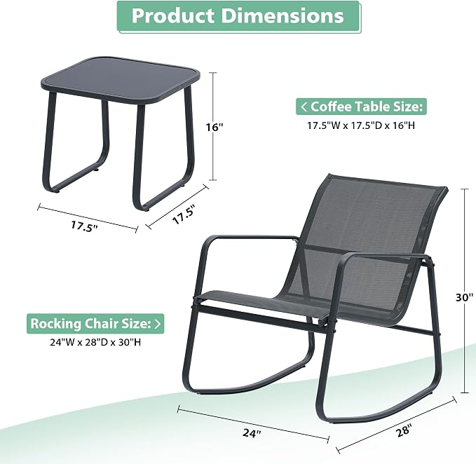 Ainfox Patio Furniture Set 3 Pieces, All Weather Textile Outdoor Conversation Set, with Rocking Bistro Chairs and Glass Coffee Table for Backyard, Lawn, Garden, Home Black