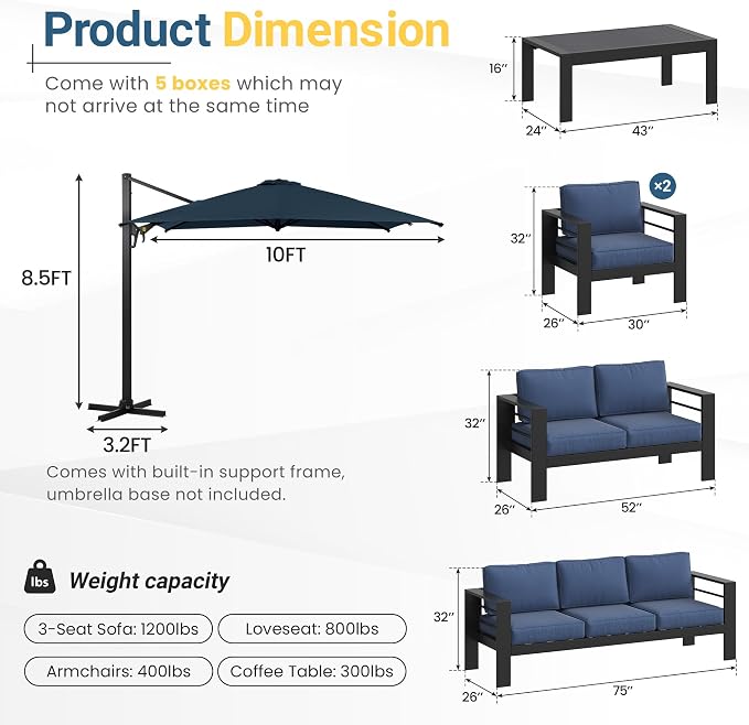Wisteria Lane 6 Pieces Aluminum Patio Furniture Set with Umbrella, All Weather Oversized Outdoor Furniture Set with Deep Seat and Back Cushion, Patio Conversation Sets with Wide armrest, Blue & Navy