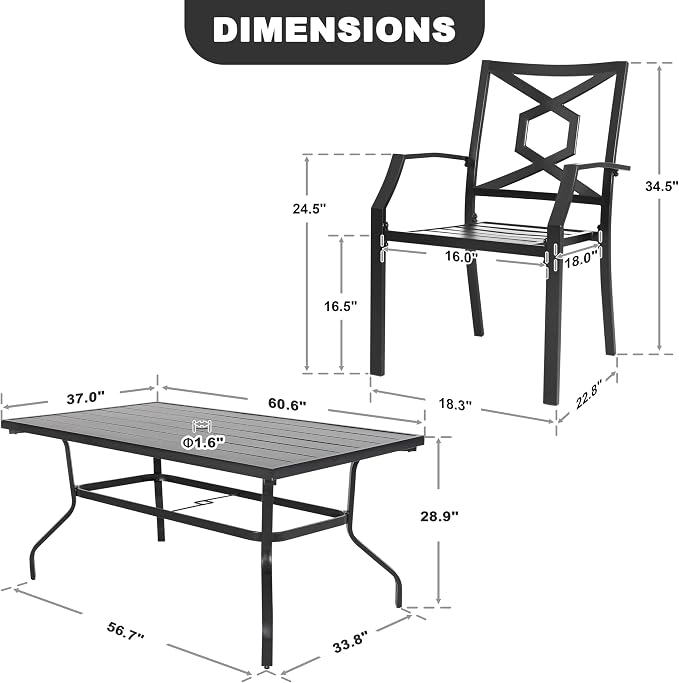 NUU GARDEN 7 Piece Outdoor Dining Set, 61” Rectangular Metal Dining Table with Umbrella Hole, Stackable Dining Chairs for Backyard, Deck, Yard, Garden, Black