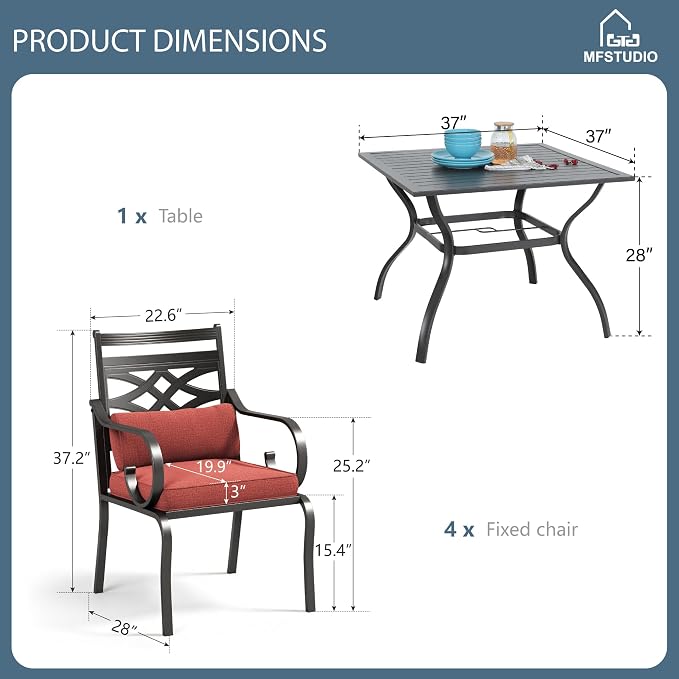 MFSTUDIO 5-Piece Patio Dining Set, 37" Square Metal Table, Fixed Chairs | Umbrella Hole, Red, Seats 4