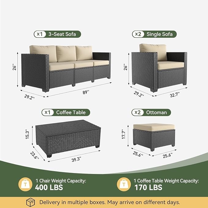8 Piece Patio Conversation Sets Beige 7 Seats Outdoor Patio Furniture Set with Thick Waterproof Cushions Storage Coffee Table Outdoor Sectional for Garden Backyard Porch Balcony