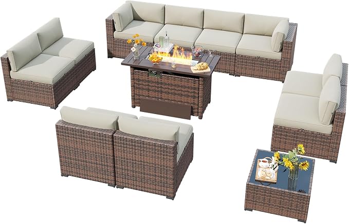LazySunsets 12 Piece Outdoor Patio Furniture Set with 44'' Fire Pit Table, Outdoor Patio Furniture Sets with 4'' Thicken Cushion, Wicker Rattan Outdoor Conversation Set for Backyard & Garden, Beige
