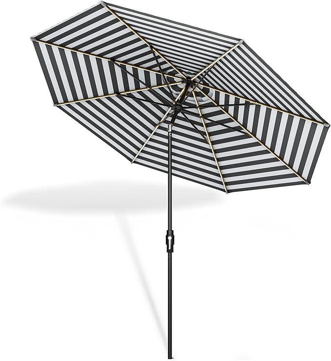 Midtown Umbrellas The LED Swilt 8 Feet Patio Umbrella With Terylast Zebra (Black/White) Polyester Fabric - Auto-Tilt Aluminum Frame With LED Lights For Backyard, Deck, Garden, Pool - Black Pole