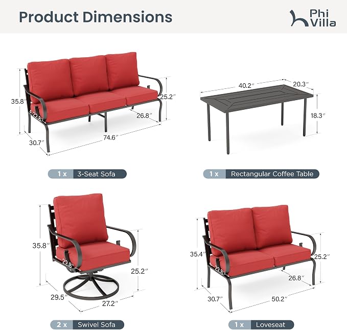 PHI VILLA Patio Furniture Set, a Loveseat, 3-Seater Sofa, 2 Swivel Chairs and a Coffee Table, Outdoor Metalio Conversation Set with 5.75" Extra Thick Cushion for Garden Backyard Deck, Red