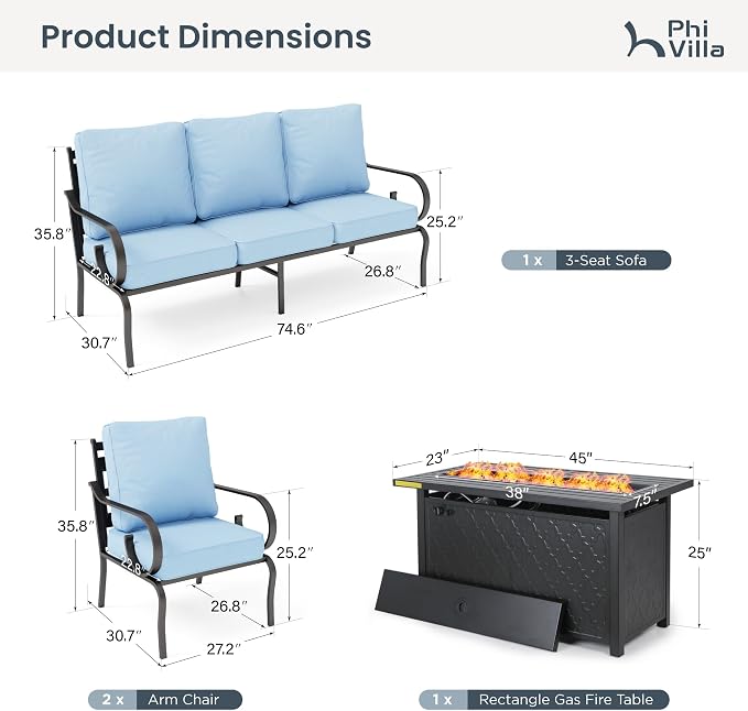PHI VILLA Patio Furniture Set, 3-Seater Sofa, 2 Fixed Chairs and a 45" Fire Pit Table, Outdoor Metal Conversation Set with 5.75" Extra Thick Cushion for Garden Backyard Deck, Blue