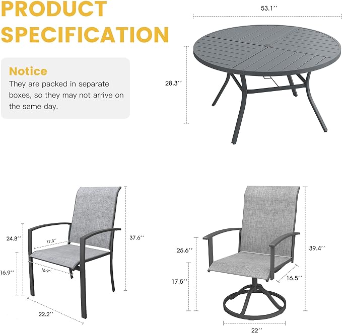 VICLLAX 7 Pieces Patio Dining Set for 6, 53.1" Round Outdoor Table and Chairs (4 Patio Fixed Chairs and 2 Swivel Chairs) for Deck Garden, Dark Grey