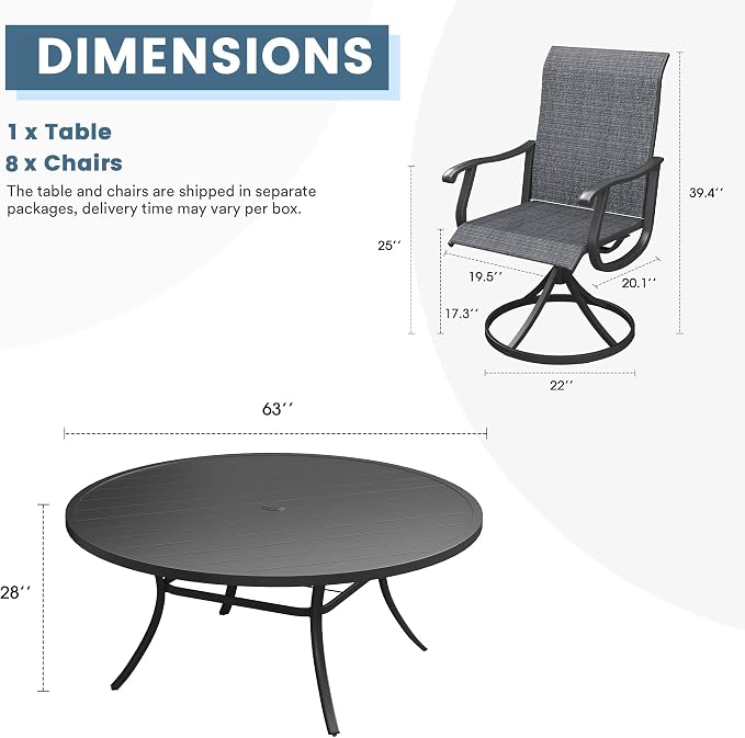 DIFY Outdoor Dining Set for 8, 9 Piece Patio Table and Chairs Set, Swivel Patio Dining Chairs with Dark Grey Textilene & 63" Black Round Metal Dining Table with Umbrella Hole, for Garden Backyard Deck