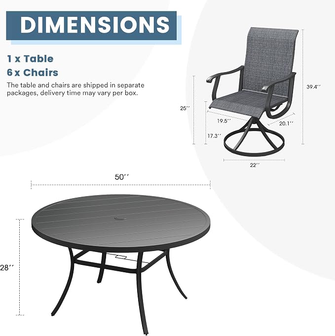 DIFY Outdoor Dining Set for 6, 7 Piece Patio Table and Chairs Set, Swivel Patio Dining Chairs with Dark Grey Textilene & 50" Black Round Metal Dining Table with Umbrella Hole, for Garden Backyard Deck