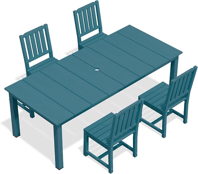 AreShark 5-Piece Outdoor Dining Set,HDPE Patio Table with 4 Armless Chairs,All-Weather Patio Furniture Set with Umbrella Hole,Low Maintenance Wood Grain Dining Set for Backyard,Garden,Poolside,White