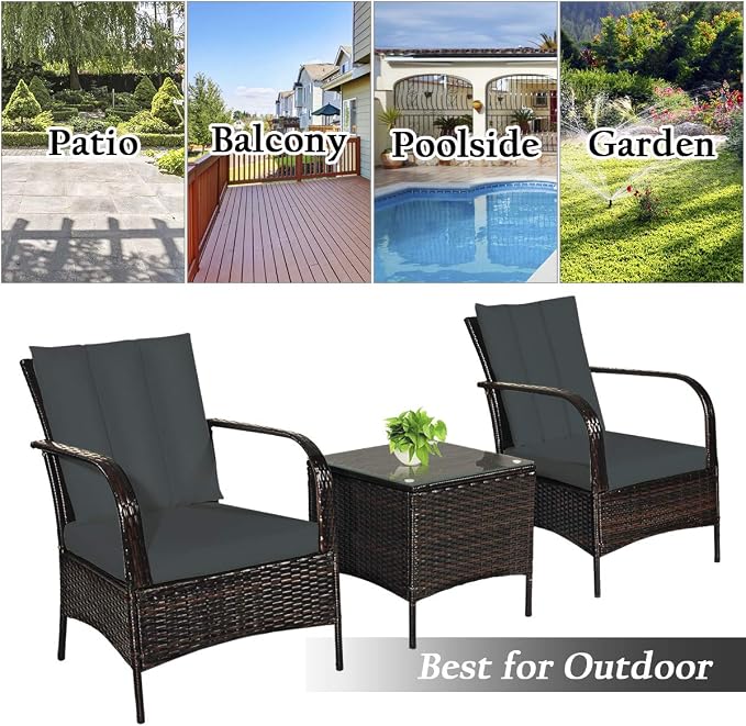 Tangkula 3 Piece Patio Furniture Set, 2 Wicker Chairs with Glass Top Coffee Table, Outdoor Garden Porch Poolside Furniture Set for 2, Rattan Conversation Set