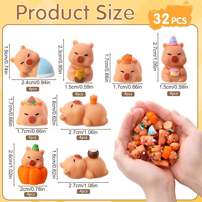 32 Pcs Mini Capybara Figures 8 Styles Resin Capybaras Mini Figures | Resin Animals Capybara Figurine Miniature Figurines for Garden Tabletop Dollhouse Moss Landscape Party Cake Decor DIY