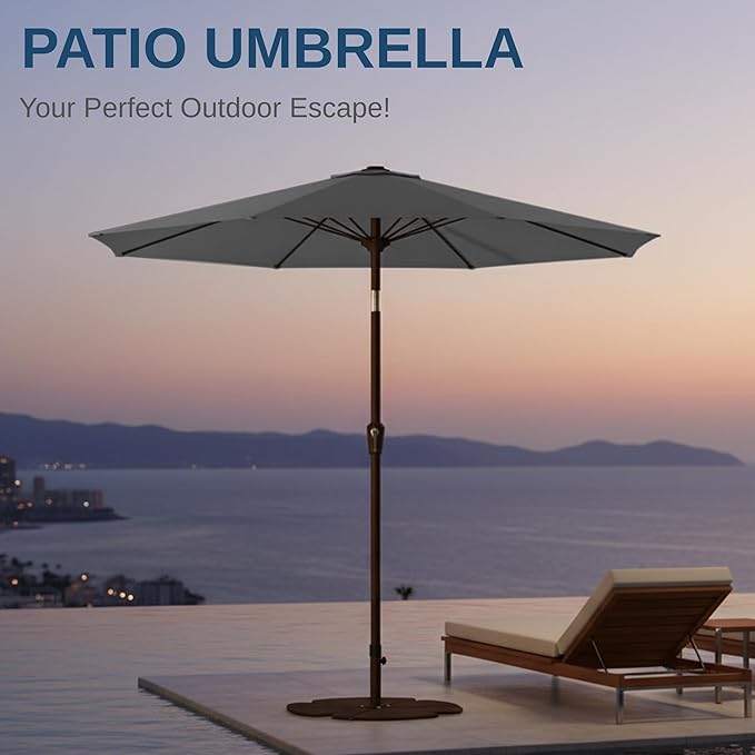 9ft Patio Umbrella with Push Button Tilt and Crank,Outdoor Market Table Umbrella UV Protection 8 Sturdy Ribs for Backyard,Garden,Pool,Deck(Gray)