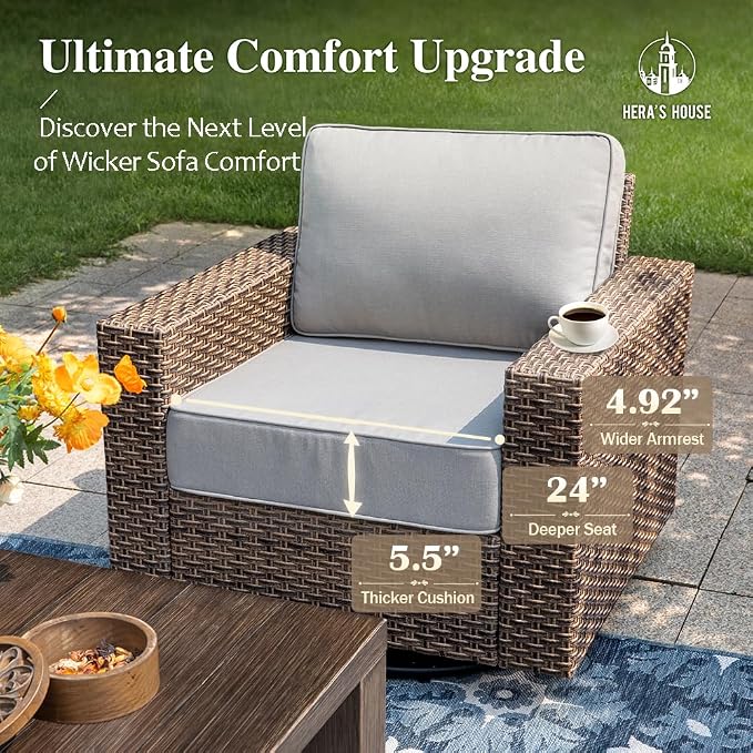 HERA'S HOUSE Patio Furniture Conversation Set, Outdoor Swivel Glide Wicker Chairs with 4.92" Widened Armrest, 4 Pieces Deep Seating Yellow Rattan Sofa with 5.5" Gray Cushions for Deck Garden Yard