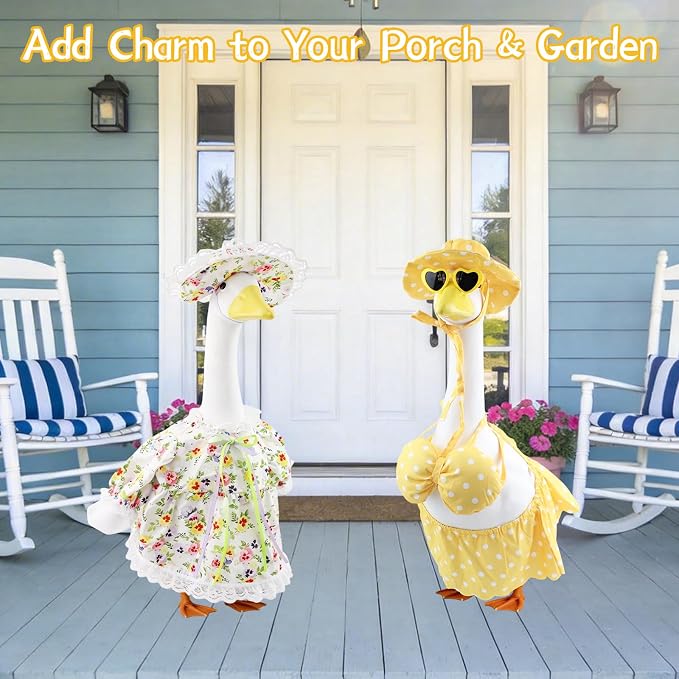 23 Inch Porch Goose Outfits 2 Pack, Summer Goose Clothes with Floral Dress, Hat, Bikini Set, Sun Hat and Heart Sunglasses for Cement Goose Statue Yard Garden Decor