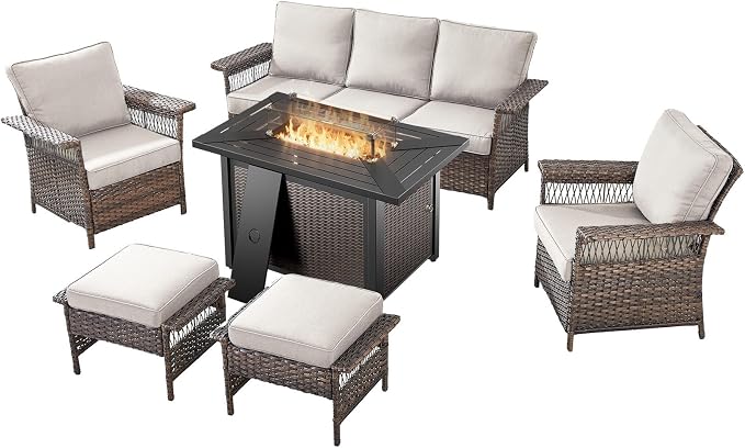 Patio Furniture Set with Fire Pit Table, 6PCS Patio Conversation Set Brown Resin Wicker Patio Chair Sofa Ottoman with 43in Rectangular Iron Outdoor Fire Table PE Rattan Furniture
