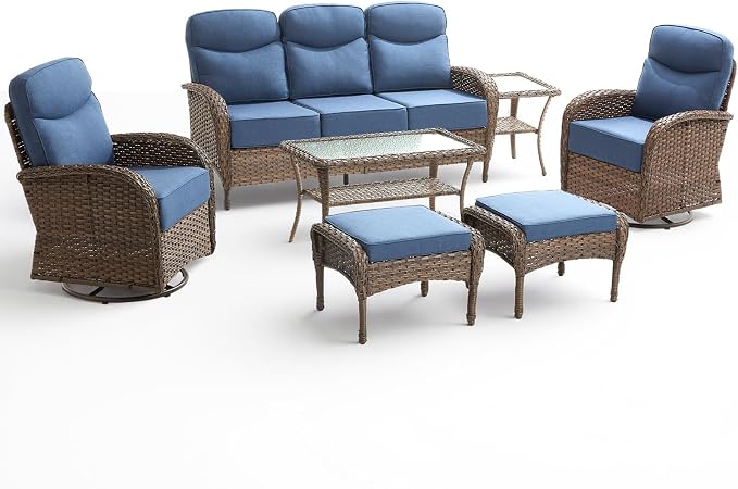 Luxury Outdoor Patio Furniture Set with 6-Inch Thick Cushions, 7 Pieces Wicker Outdoor Furniture with High Back Swivel Patio Chairs Set of 2, Outdoor Conversation Set for Deck Garden Porch, Blue