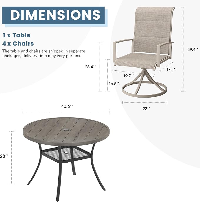 DIFY 5 Piece Outdoor Patio Dining Set for 4, 40.6" Grey Wood-Like Round Metal Dining Table & Swivel Patio Chairs with Sandshell Padded Textilene, All-Weather Outdoor Furniture Set for Garden Backyard
