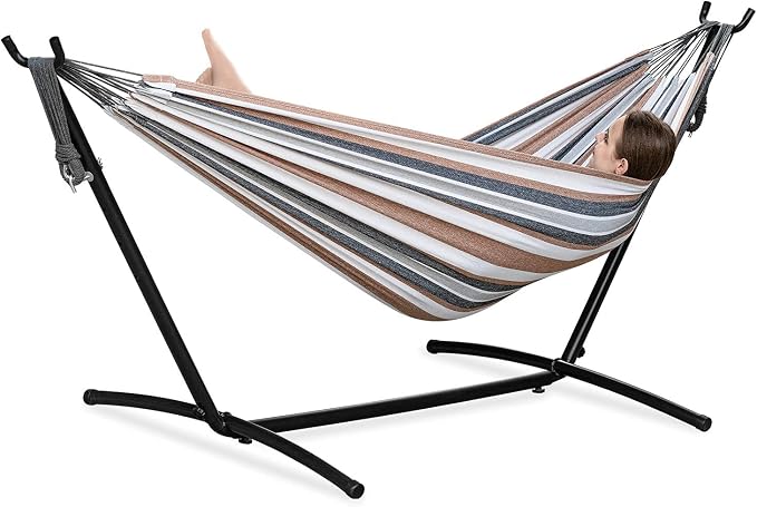 PNAEUT Double Hammocks with Stand for Outside, Portable Space Saving Heavy-Duty Steel Frame for Indoor Outdoor Patio Yard, Easy Assembly, 2 Person 450 lbs Capacity (Coffee)