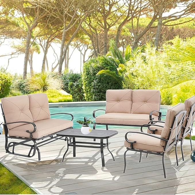 5Pcs Patio Conversation Set Outdoor Wrought Iron Furniture Set with 1 Glider,1 Loveseat, 2 Single Chairs, and Coffee Table, for Courtyard, Garden, Backyard(Brown)
