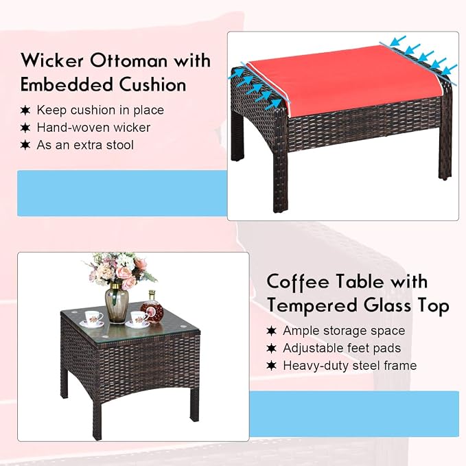 Tangkula 5 Pieces Wicker Patio Furniture Set, PE Rattan Outdoor All Weather Cushioned Sofas and Ottoman Set, 2-Person Outside Conversation Set for Lawn, Poolside, Yard, Balcony, Deck, Red