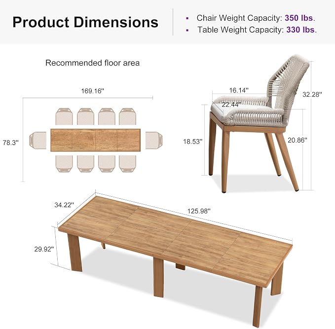 PURPLE LEAF 11 Pieces Patio Dining Set Aluminum Modern Rectangular Table and Wicker Chairs with Cushions for Kitchen Porch Garden Outdoor Furniture Sets, Teak